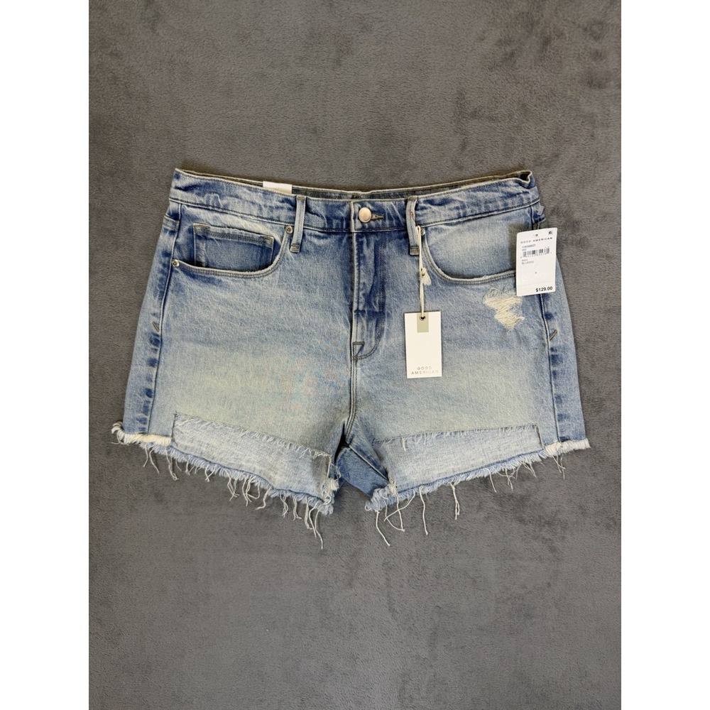 New Good American Jean Shorts Womens 8 Blue Light Wash Denim Good 90s Cut‎ Off